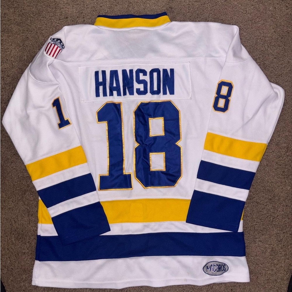Hason Brothers Charlestown Chiefs #18 White and Blue Hockey Jersey. Size M